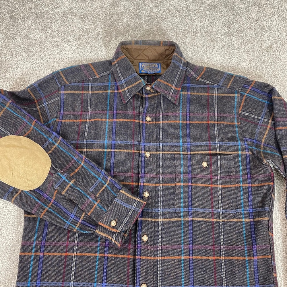 Pendleton Wool Button Up Shirt Mens Medium Elbow Patches Plaid Made in USA